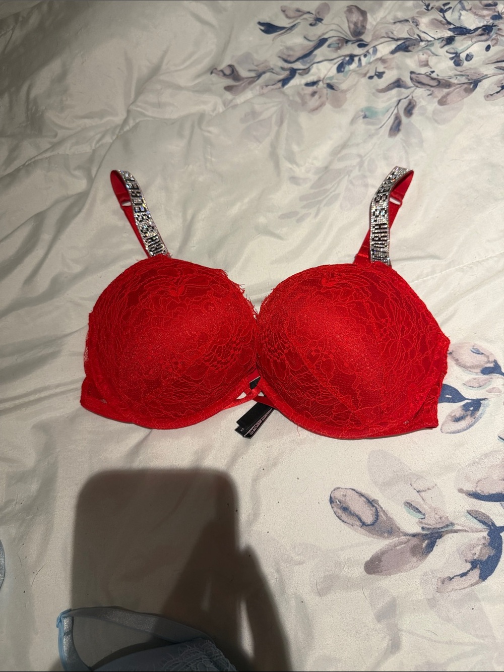 Victoria's Secret Red Lace Push-Up Bra with Crystal-Strap Accent